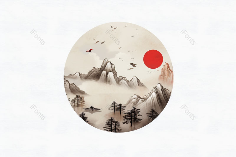 水墨风景国画山水小品红日远山,高清,摄影图,摄影图片,图片大全,摄影图免费下载
